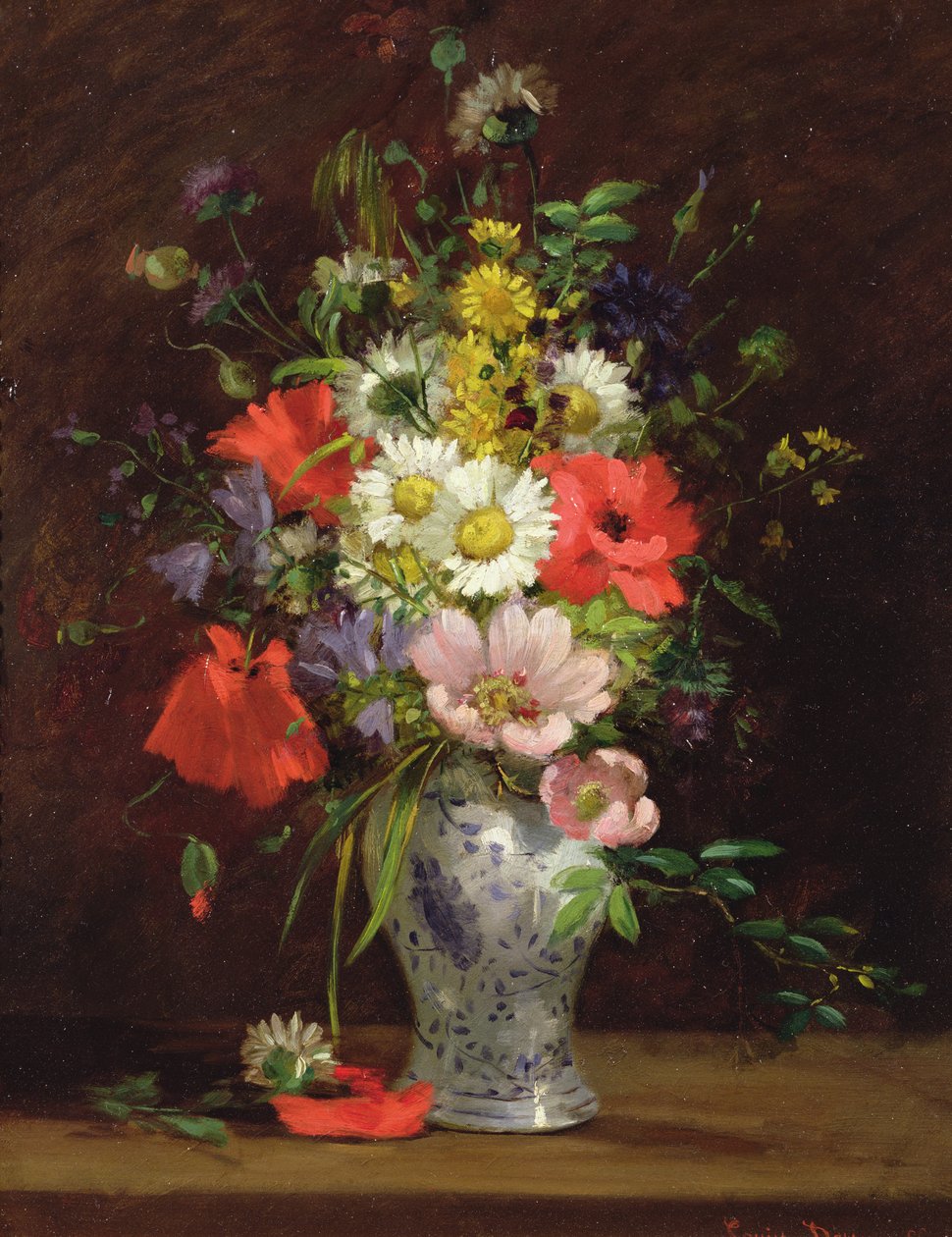 静物与花瓶里的花，c.1866（面板） 作者 路易丝·达鲁（Louise Darru）