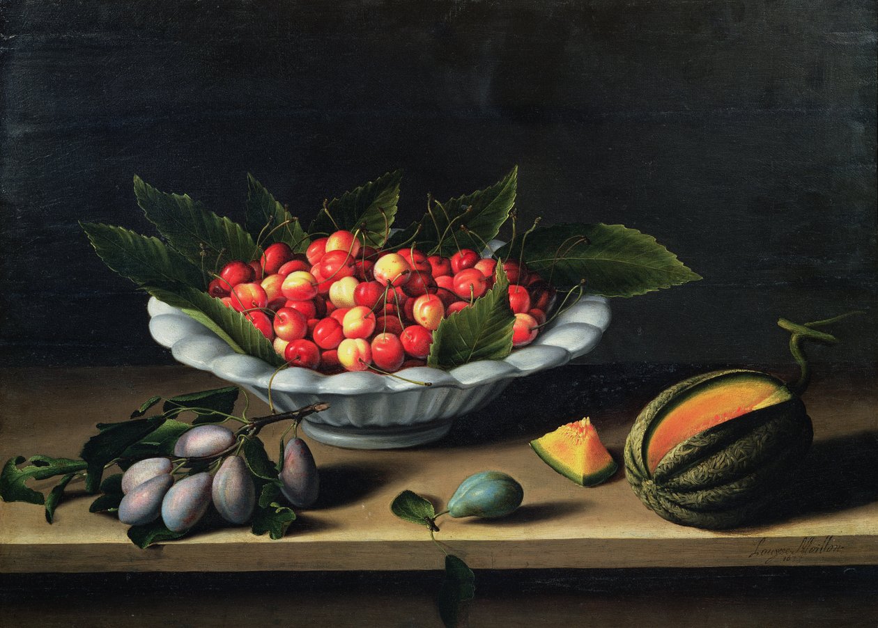 一碗樱桃与李子和甜瓜，1635年 作者 露易丝·莫永（Louise Moillon）