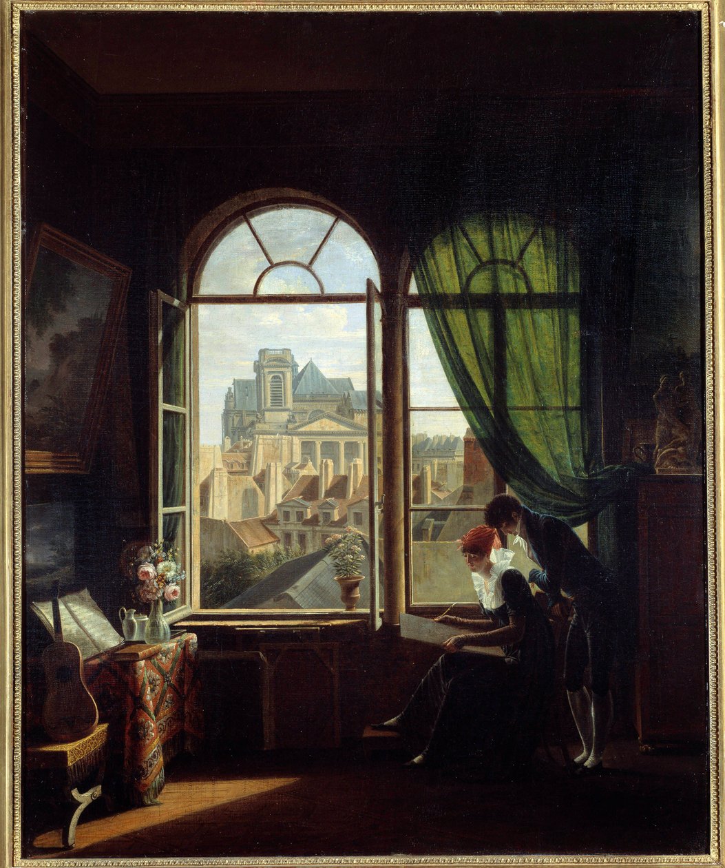 艺术家室内装饰，可欣赏巴黎 LeGlise Saint Eustache 的正面景色”，路易丝·阿德奥内·德罗林 (Louise Adeone Drolling，1797-1831) 的绘画，十九世纪太阳。 0,72x0,58 m 巴黎，卡纳瓦莱博物馆 作者 路易丝·阿德奥内 (Louise Adeone) 开玩笑