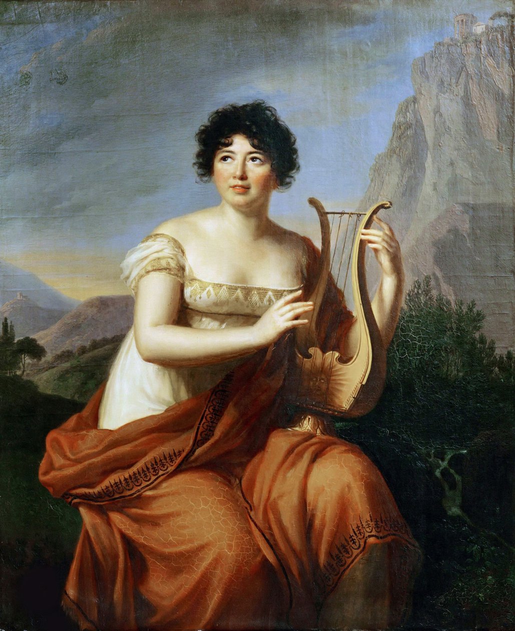作者Baronne Anne Louise Germaine de Staël 1766-1817作为Corinne的画像，1807年。 作者 伊丽莎白·路易丝·维吉·勒布朗