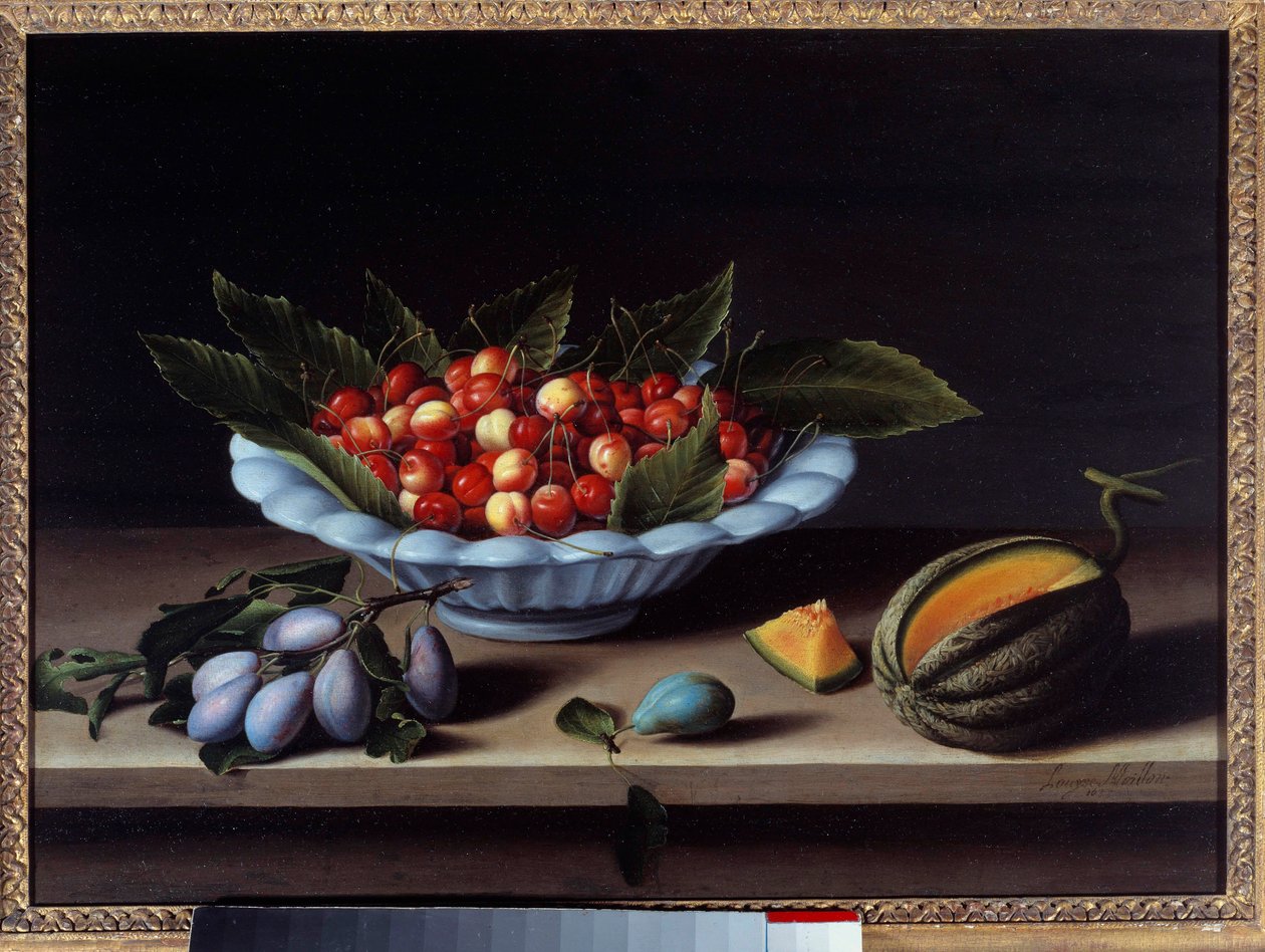 樱桃、李子和甜瓜的杯子 路易丝-莫永（1610-1696）的画作 1633年，太阳。0,48x0,65米 作者 露易丝·莫永（Louise Moillon）