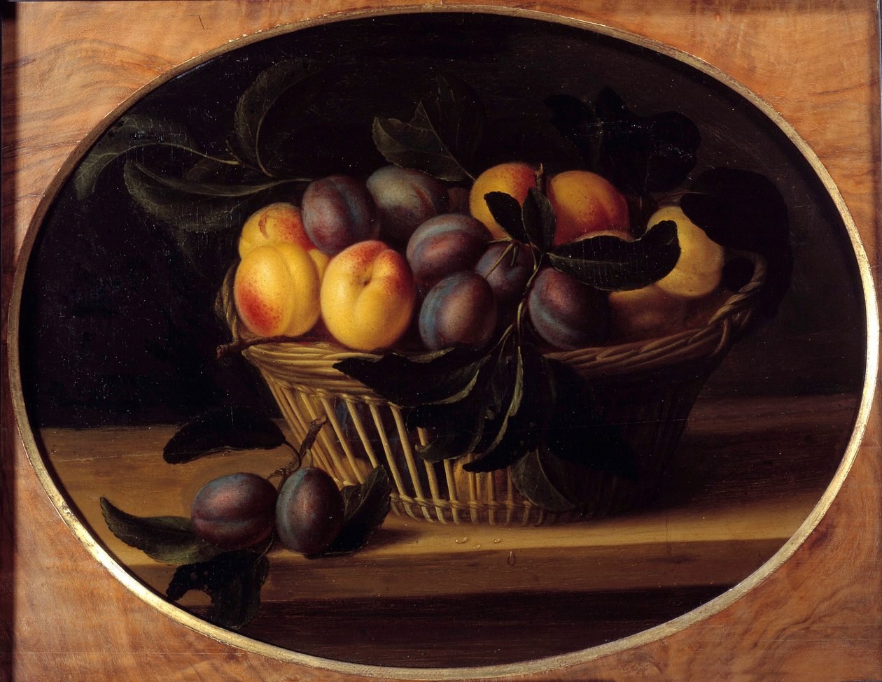 路易丝·莫永 (Louise Moillon，1610-1696 年) 17 世纪的《有桃子和李子的静物画》。 0,37x0,46 米 作者 露易丝·莫永（Louise Moillon）