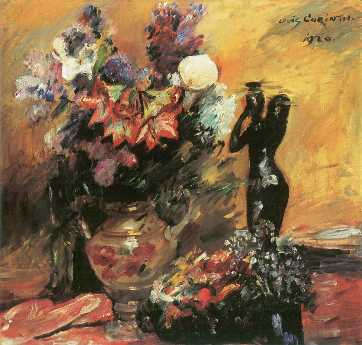 马蹄莲和丁香与青铜人物 作者 洛维斯·科林斯（Lovis Corinth）