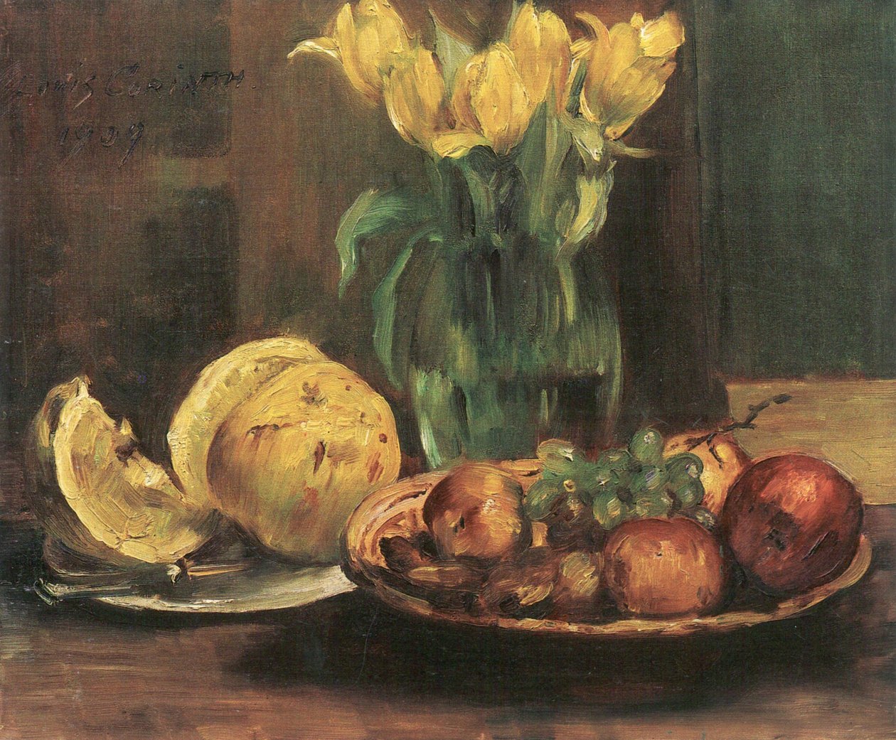 与黄色郁金香，苹果和grapefruitn的静物画 作者 洛维斯·科林斯（Lovis Corinth）