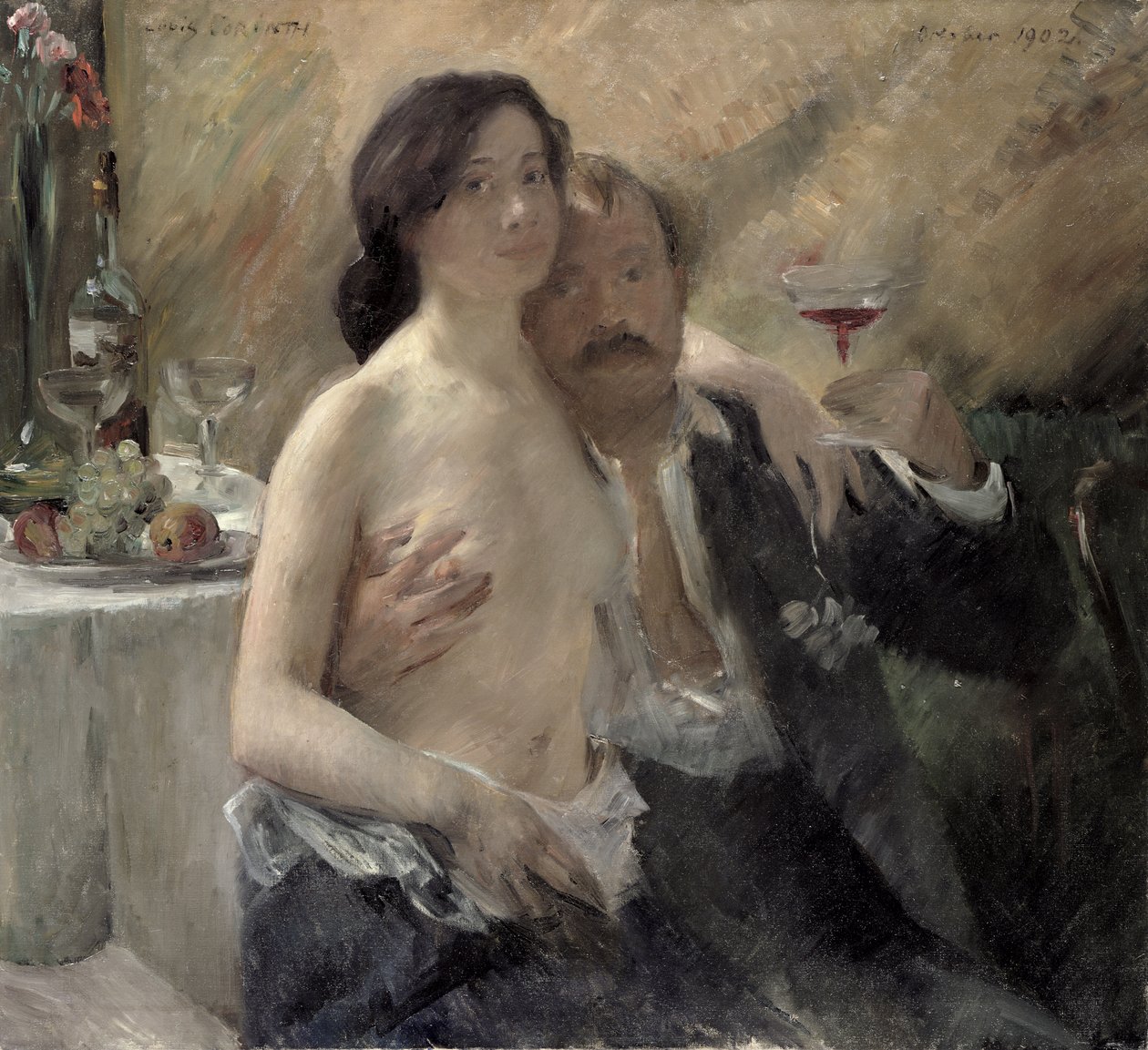与他的妻子和sekt玻璃的自画像，1902年 作者 洛维斯·科林斯（Lovis Corinth）