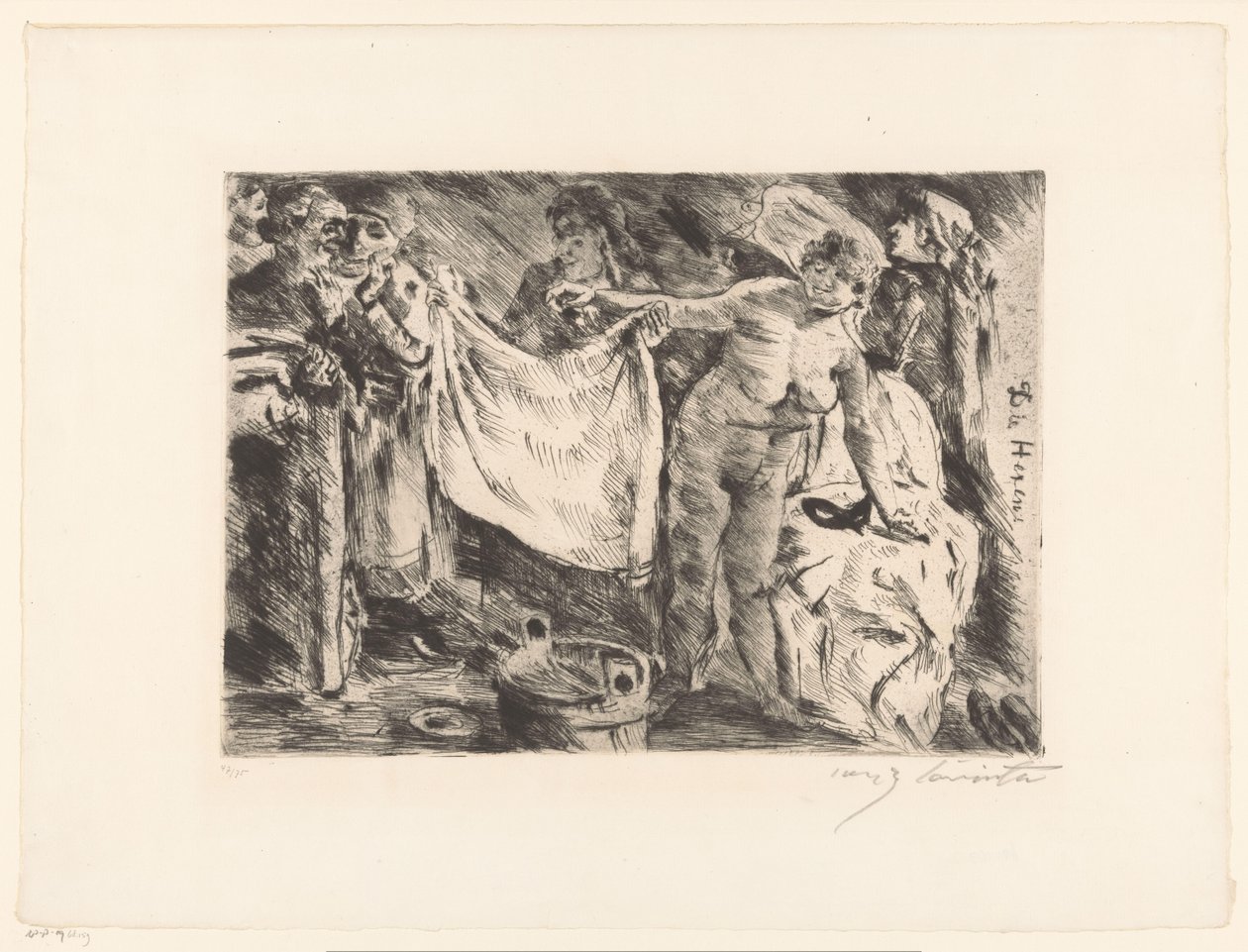 一组妇女，其中一人裸体，另一人举着一块布
雌狐（物上标题） 作者 Lovis Corinth（艺术家签名）