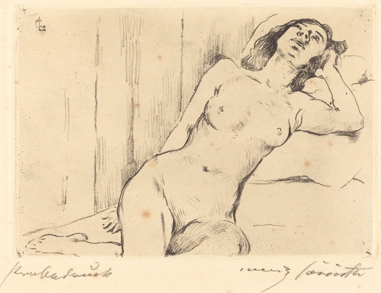 休息的四分之三裸体 躺着的女性裸体，1911年。 作者 洛维斯·科林斯（Lovis Corinth）