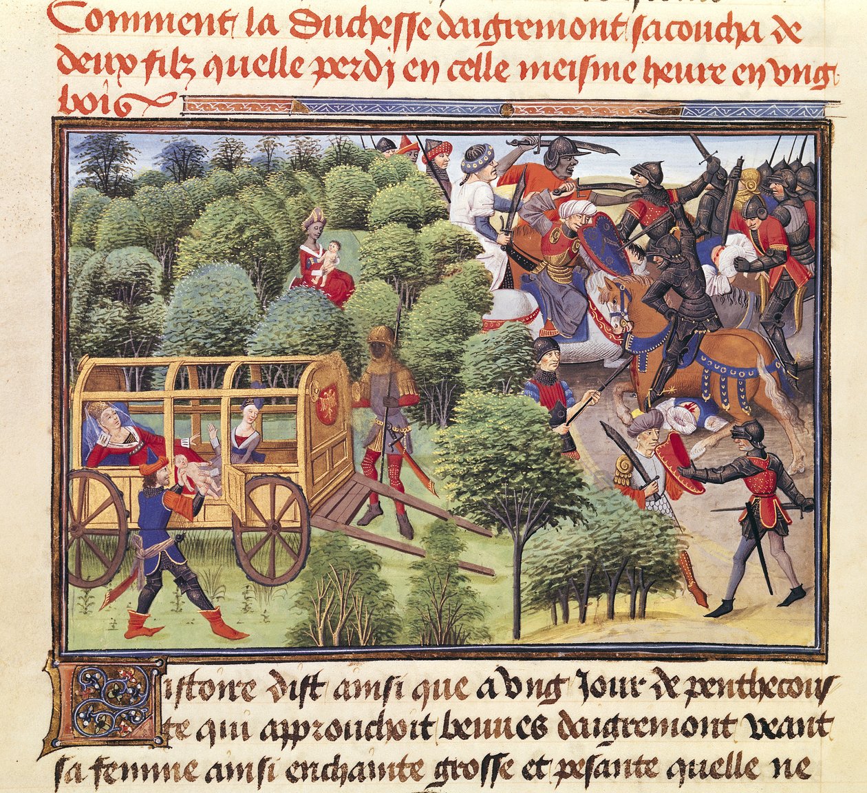 女士5072 f.6v Aigremont公爵夫人如何在Renaud de Montauban周期中生下两个儿子并在同一时间在木头上丢失它们 作者 洛伊塞特·利德