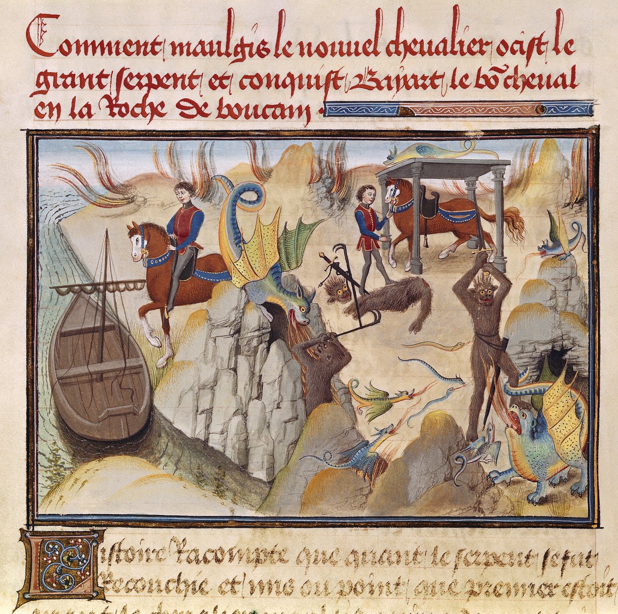 5072 fol.37v Maugis与Renaud de Montauban周期中的战斗蛇和获得魔法马，Bayard 作者 洛伊塞特·利德