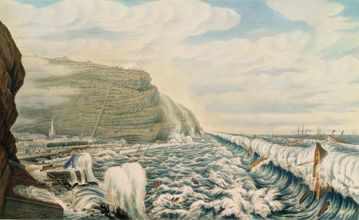 圣赫勒拿岛詹姆斯敦和港口景观，T. Picken 版画，约 1846 年（版画） 作者 Lt.阻燃烟囱