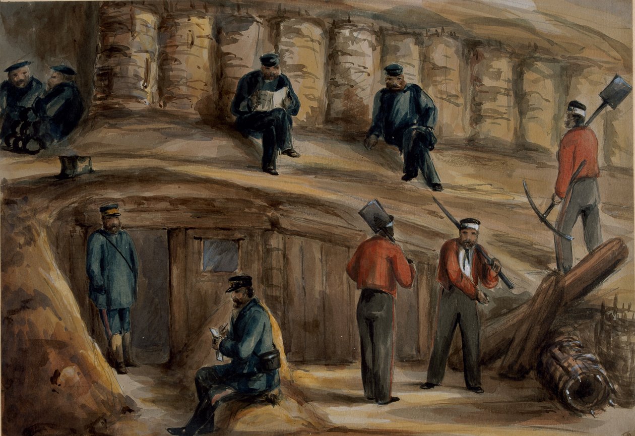 皇家军团的枪手在塞巴斯托波尔的战壕中休息，c.1855 作者 Lt.亨利·詹姆斯·奥尔德森