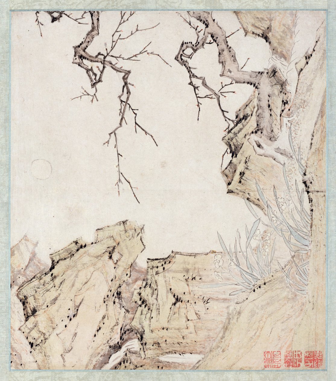 水仙、梅树和山水（纸上水墨和色彩） 作者 鲁智