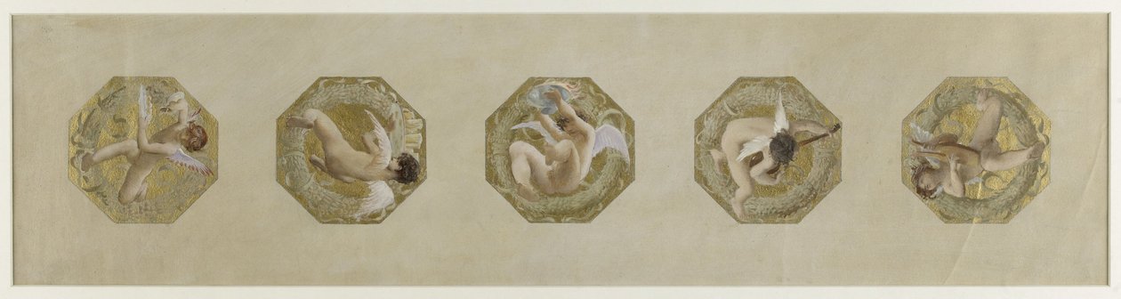 巴黎市立酒店草图，节日楼梯：Génies portant des attributs de fête，约 1888 年（纸面油画） 作者 吕克·奥利弗·梅森