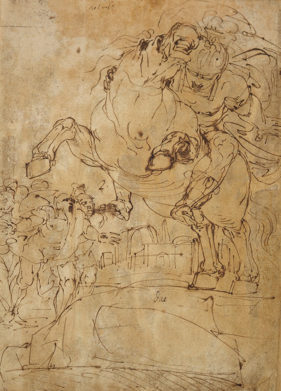 马库斯·库尔蒂斯（Marcus Curtius）跳入深渊（1574年）（笔和纸上的棕色墨水） 作者 卢卡·坎比亚索