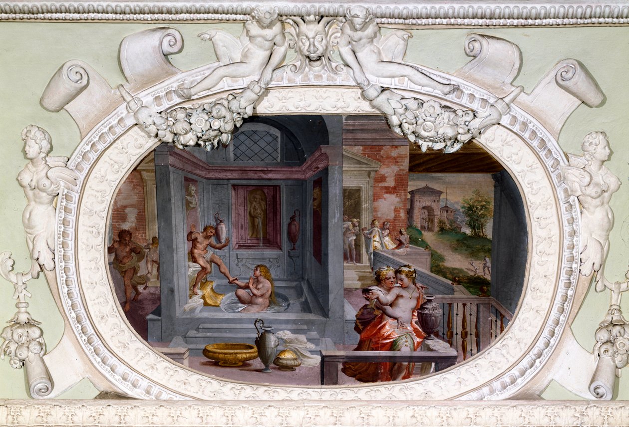 沐浴、诱惑的场景。 卢卡·坎比亚索 (Luca Cambiaso) 的壁画 (1527-1585) 作者 卢卡·坎比亚索