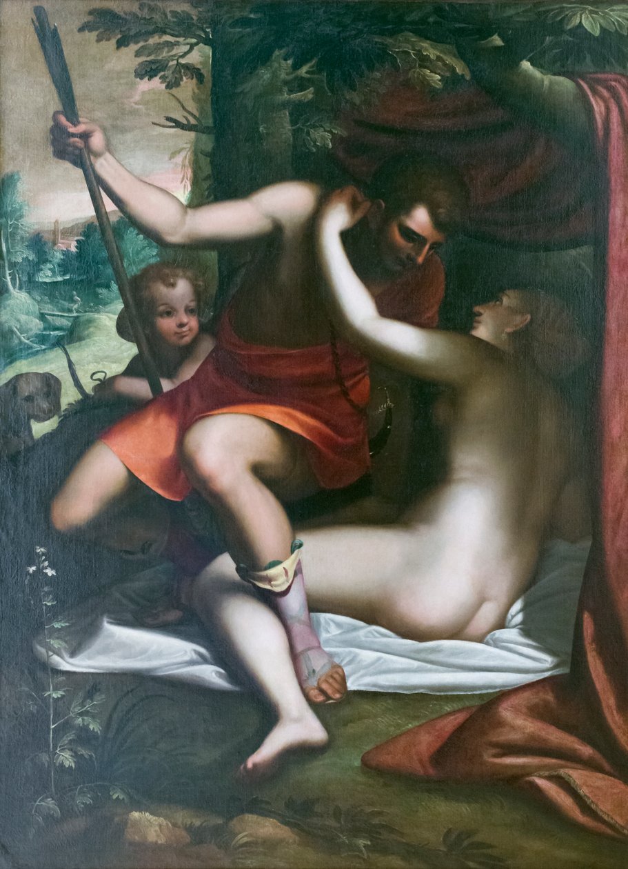 维纳斯和阿多尼斯，1585 年之前，卢卡·坎比亚索（布面油画） 作者 卢卡·坎比亚索