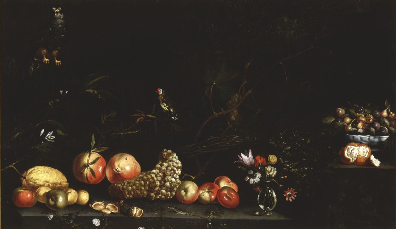 静物水果，花朵，鹰和金翅雀，1620-30年 作者 卢卡·福特（Luca Forte）