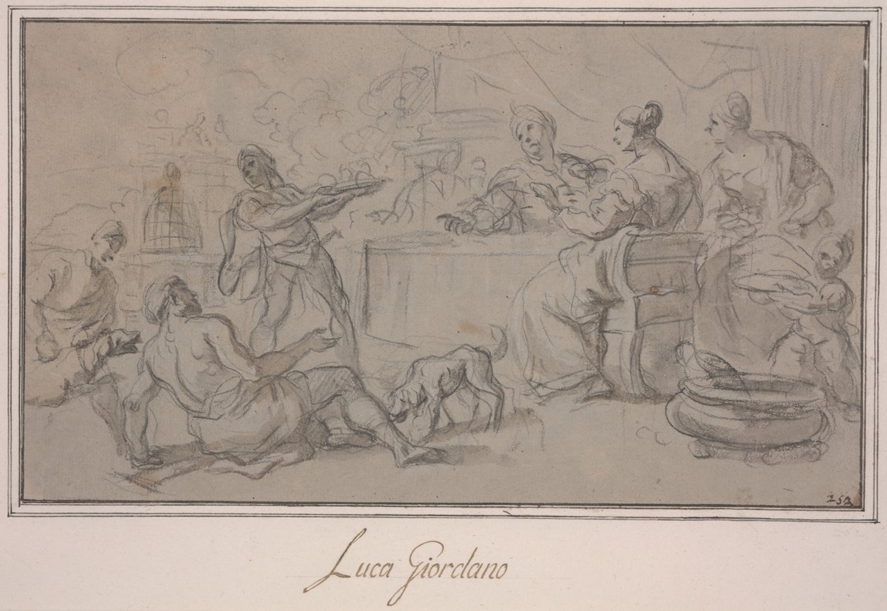 富人宴会（石墨和水墨纸本） 作者 卢卡·乔丹奴（Luca Giordano）