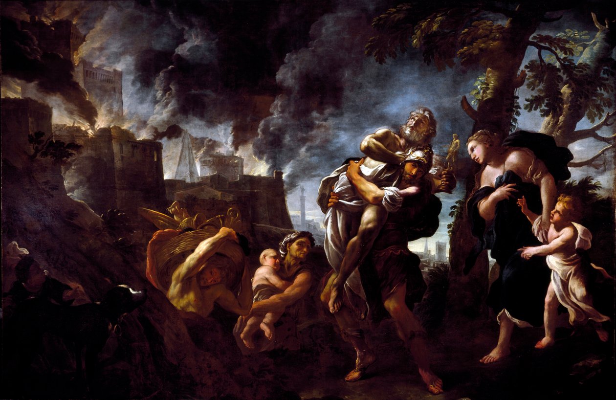 Enee逃离Troie Enee背着Anchise，逃离城市落入Acheens之手。 Luca Giordano (1634-1705) 1675-1680 Genes 的绘画，斯皮诺拉宫国家美术馆 作者 卢卡·乔丹奴（Luca Giordano）