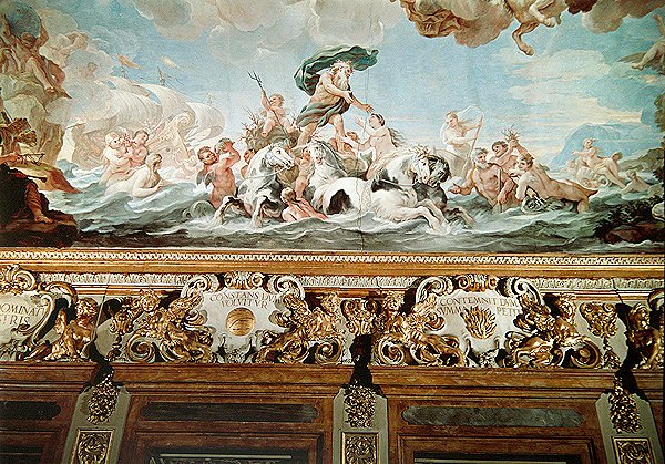 海王星，画廊天花板的细节，约1670-88年（壁画） 作者 卢卡·乔丹奴（Luca Giordano）