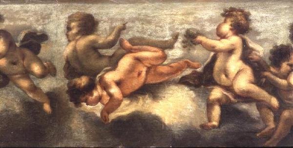 普提在散步（画布上的纸）（中心细节）（另见67091-94）。 作者 卢卡·乔丹奴（Luca Giordano）