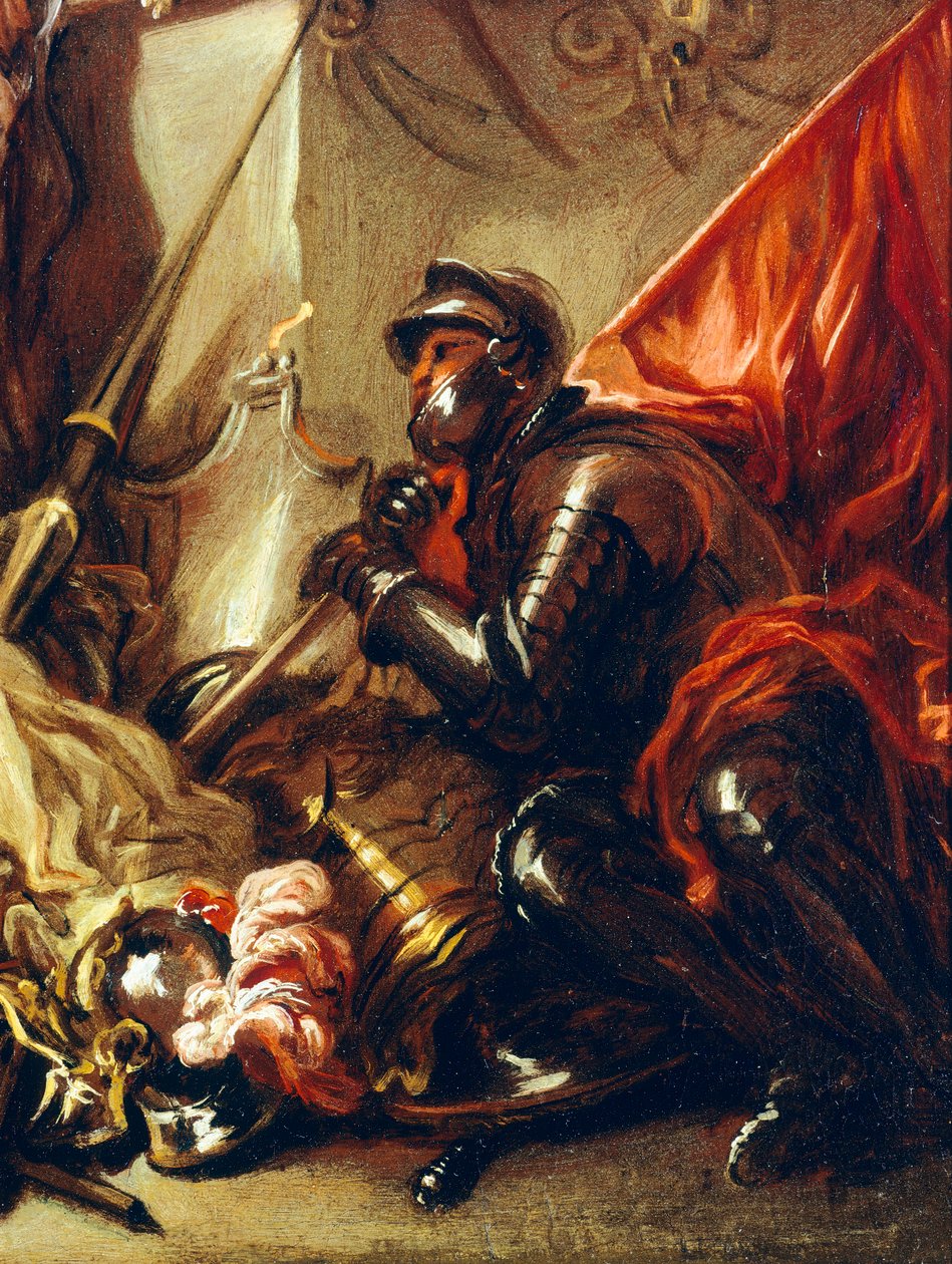 手持旗帜的士兵，《战争寓言》中的细节，由Luca Giordano（1634-1705）创作，布面油画，61x50厘米 作者 卢卡·乔丹奴（Luca Giordano）