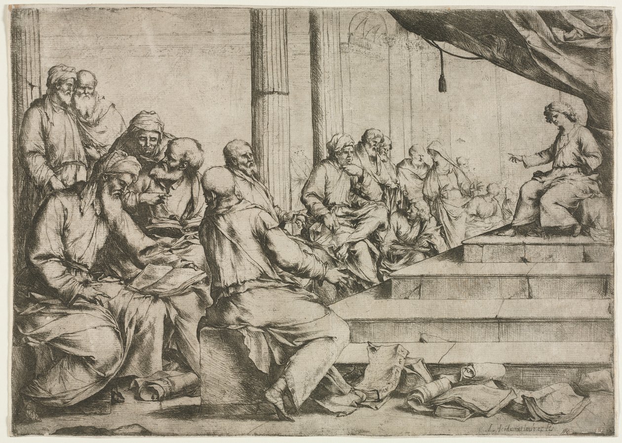 圣殿中年轻的基督教导，c。 1653。 作者 卢卡·乔丹奴（Luca Giordano）