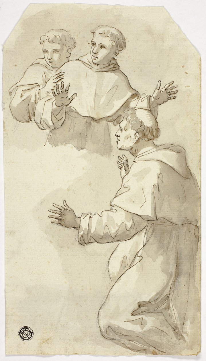 三个惊愕的和尚，一个跪着，两个站着 作者 卢卡·乔丹奴（Luca Giordano）