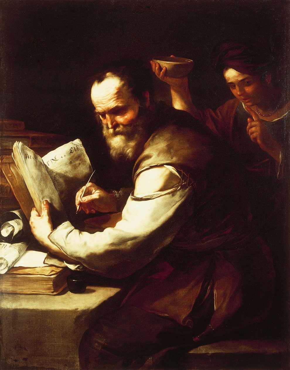 Xanthippe将水倒在苏格拉底的脖子上，由Luca Giordano（1634-1705）创作，布面油画。 作者 卢卡·乔丹奴（Luca Giordano）