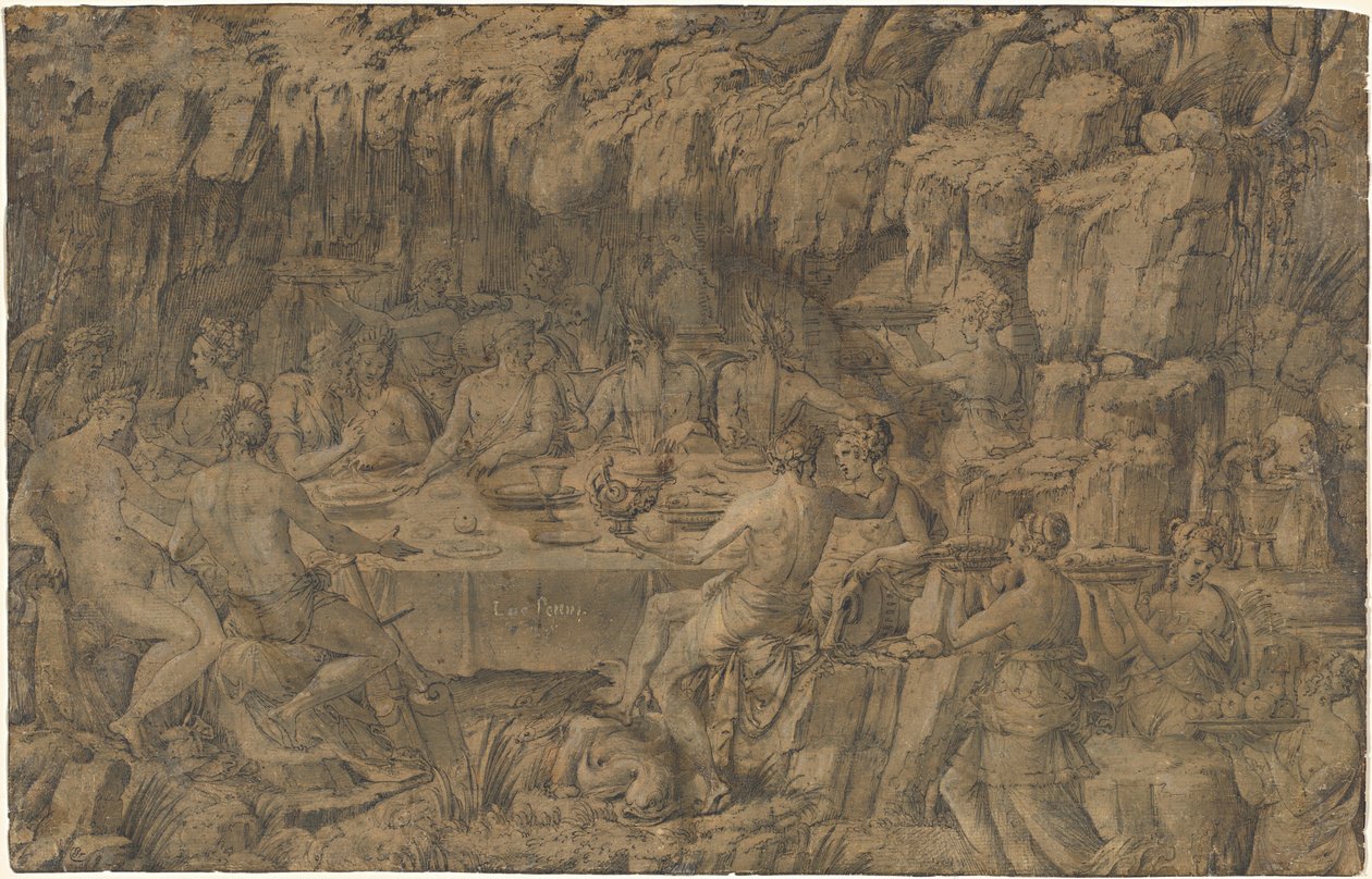 阿切卢斯的宴会》，约 1545 年（钢笔和水墨画） 作者 卢卡·彭尼（Luca Penni）