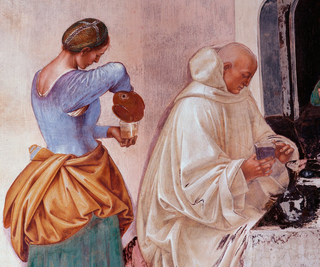 Benedict told the monks where and when they ate outside the monastery Detail Cloister fresco made by Luca Signorelli (ca. 1445-1523) recounting the life of Saint Benedict of Nursia (480 - 567) founder of the Order of Benedictine 1497-1498 Abbey of Monte Ol 作者 卢卡·西诺雷利（Luca Signorelli）