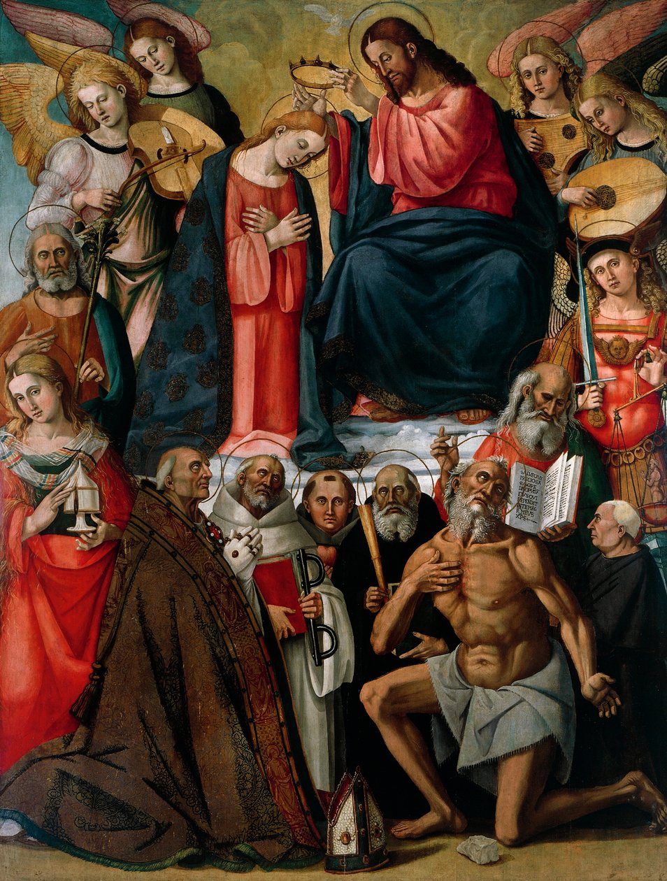 圣母与天使和圣徒的加冕仪式，由Luca Signorelli（约1445-1523年）和他的助手创作，阿雷佐Foiano della Chiana的圣马丁和伦纳德大教堂。 作者 卢卡·西诺雷利（Luca Signorelli）