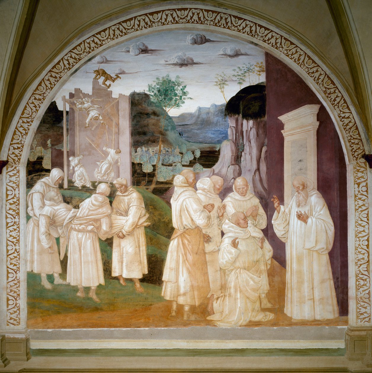 Life of Saint Benoit: “” Saint Benoit resurrects a working monk on the construction site of the Monastery of Mount Cassin (monte cassino) after the collapse of a wall because of a demon. Fresco by Luca Signorelli (ca. 1445-1523) 作者 卢卡·西诺雷利（Luca Signorelli）