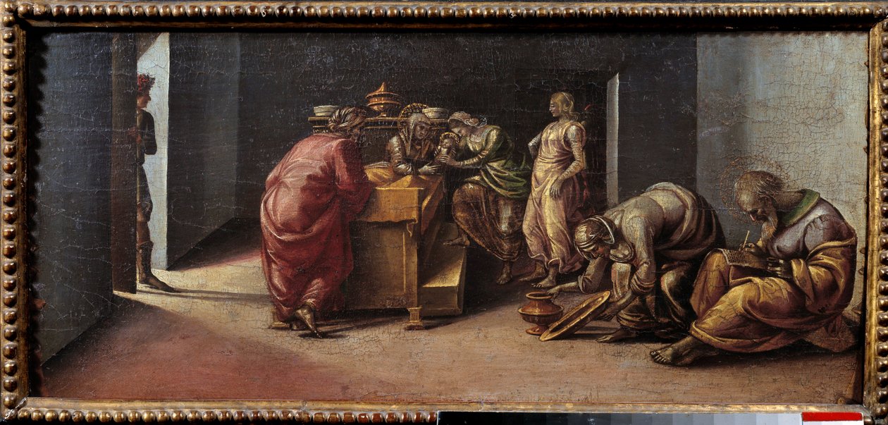 施洗者圣约翰的诞生 Luca Signorelli (1441-1523) 15 世纪的绘画。 0,31x0,7 m 作者 卢卡·西诺雷利（Luca Signorelli）