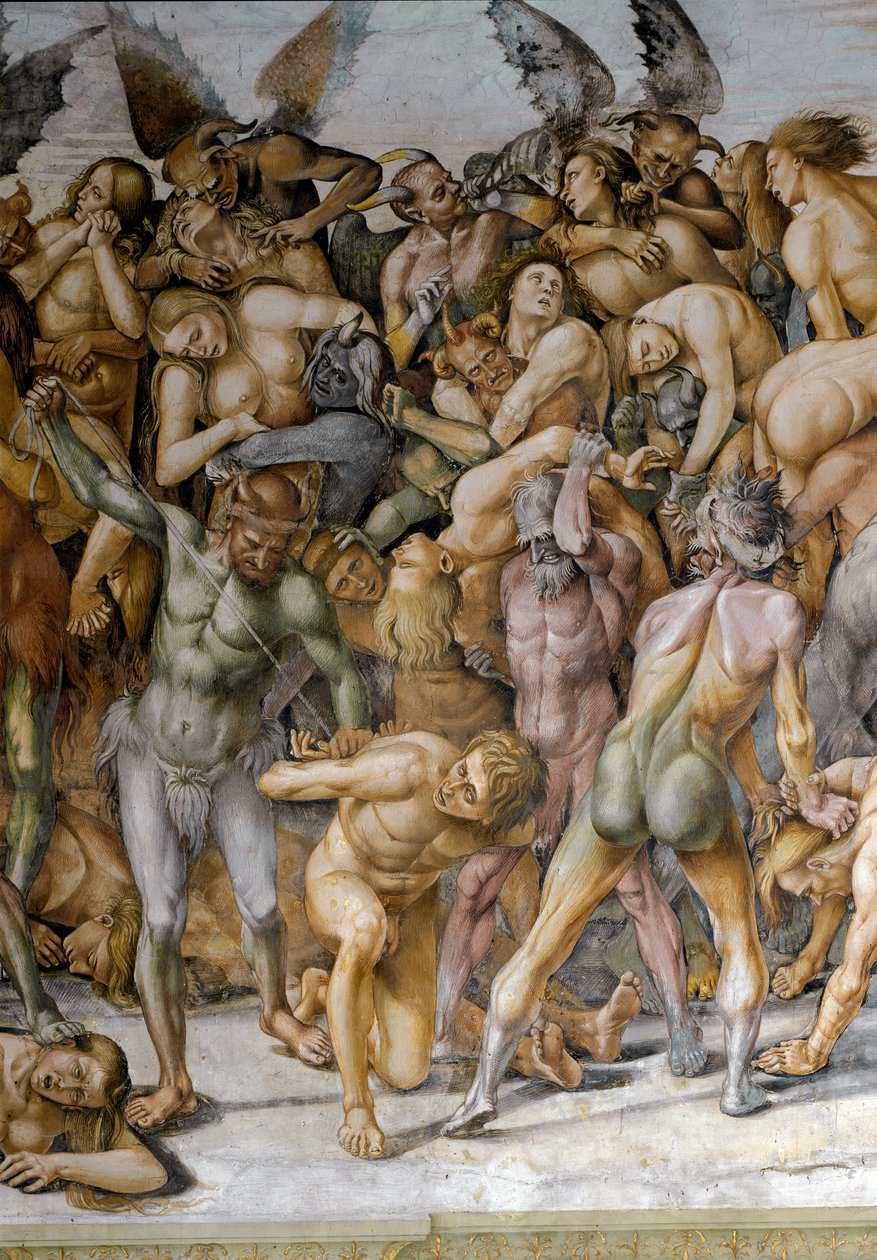 世界末日细节代表该死的。 壁画 by Luca Signorelli (1445-1523) 1499-1504 Orvieto, Duomo, Chapel of San Brizio 作者 卢卡·西诺雷利（Luca Signorelli）
