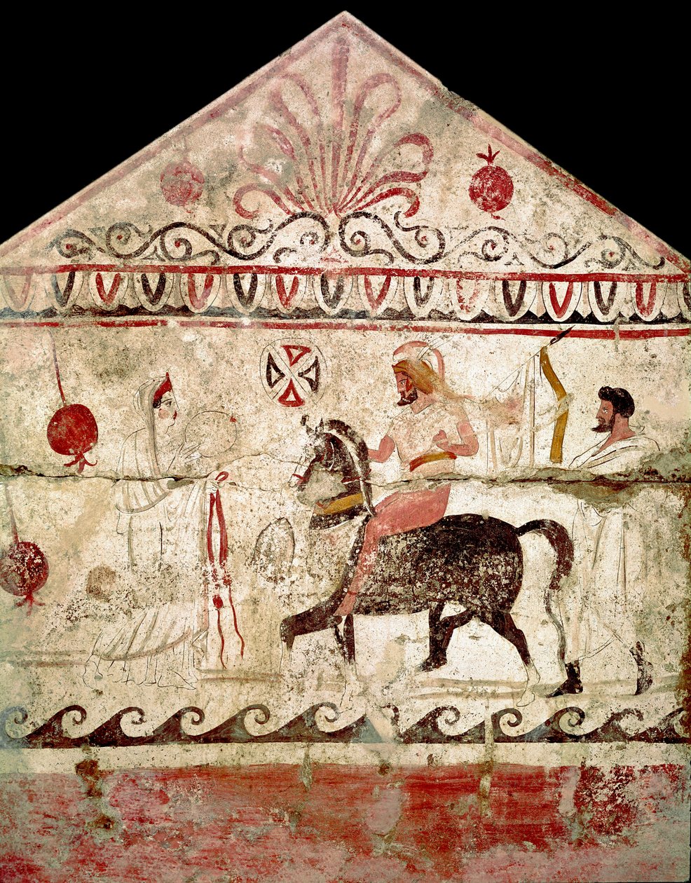 公元前4世纪胜利的战士卢卡尼亚人的回归壁画，来自意大利Paestum的Andriuolo a necropolis的86号墓。帕斯图姆国家考古博物馆 作者 卢卡尼学校