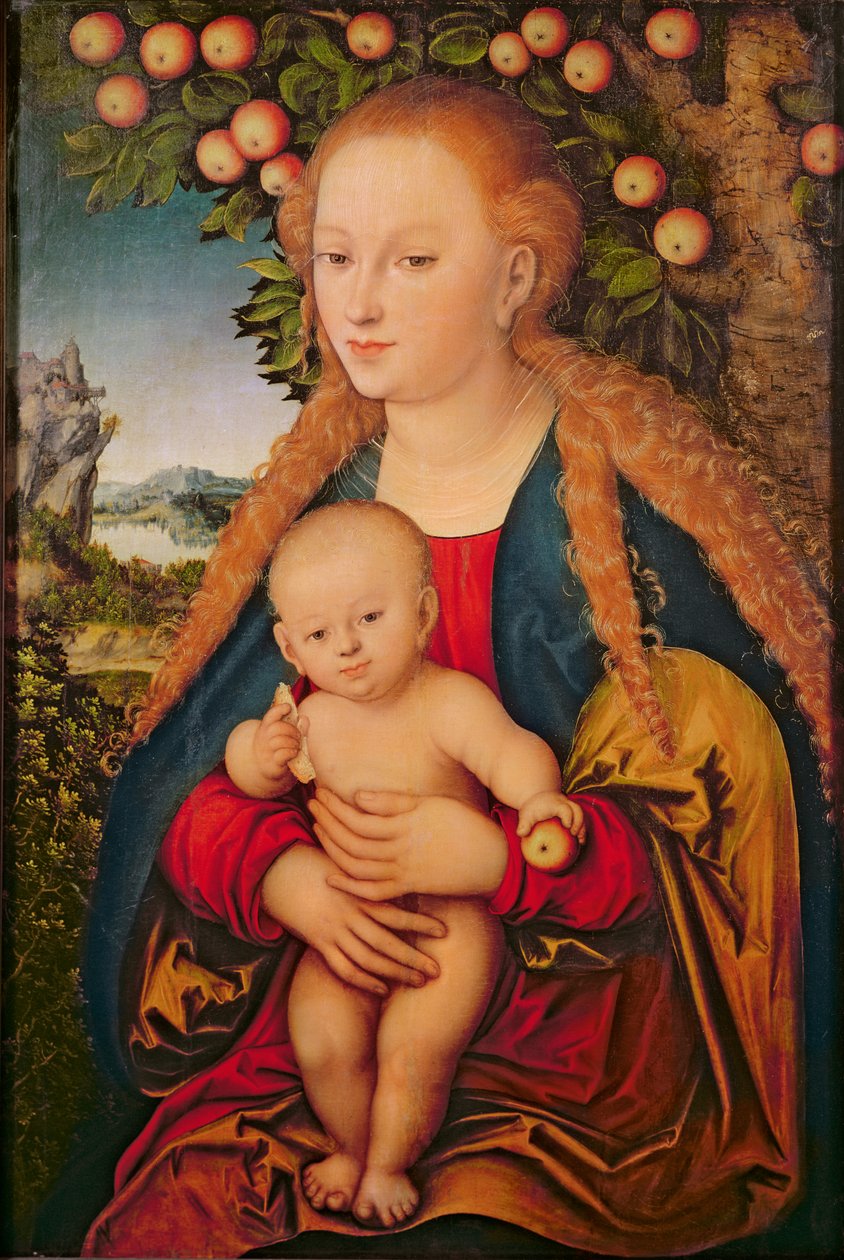 苹果树下的处女和孩子，1520-26（从画布转移的油画）99：耶稣基督;宝宝;圈;苹果;景观;背景;象征;前夕;罪;象征性的;婴儿; RUR 作者 卢卡斯·克拉纳赫