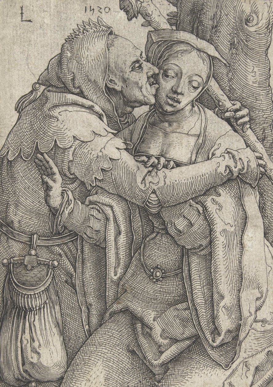 小丑和年轻女子，1520年 作者 卢卡斯·范·莱登