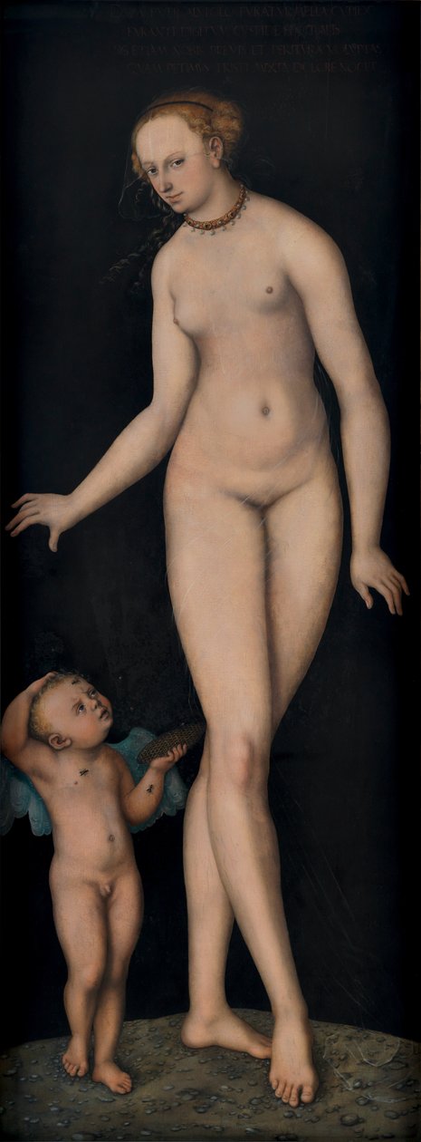德文：Venus mit Amor als Honigdieb vor schwarzem Grund 黑背景下丘比特偷蜜的维纳斯 作者 卢卡斯·克拉纳赫