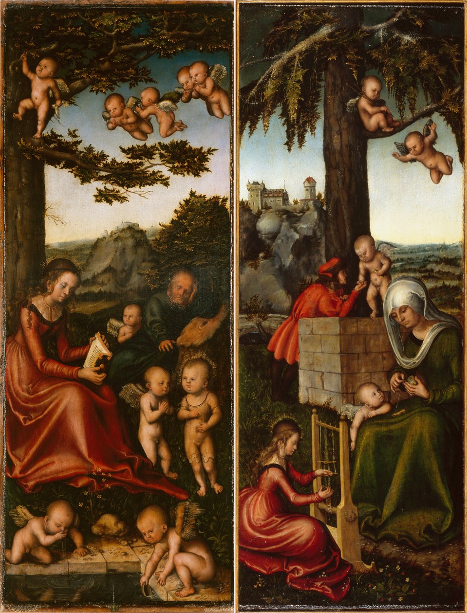 德语：Heilige Familie von Engel umgeben amp; Erziehung der Jungfrau Maria (linker und rechter Flügel eines Marienaltares) 被天使环绕的神圣家族 amp; 圣母玛利亚的教育 [女祭坛的左右两翼] (linker und rechter Flügel eines Marienaltares) 作者 老卢卡斯克拉纳赫和工作室