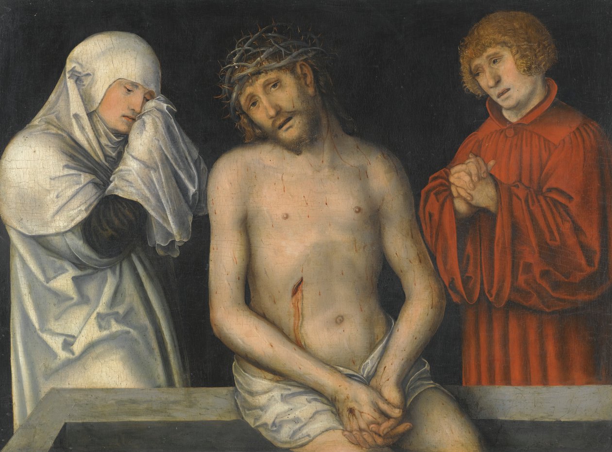 德语：Der Schmerzensmann zwischen Maria und Johannes 圣母与圣约翰侧身的悲哀之人 作者 卢卡斯·克拉纳赫（Lucas Cranach）