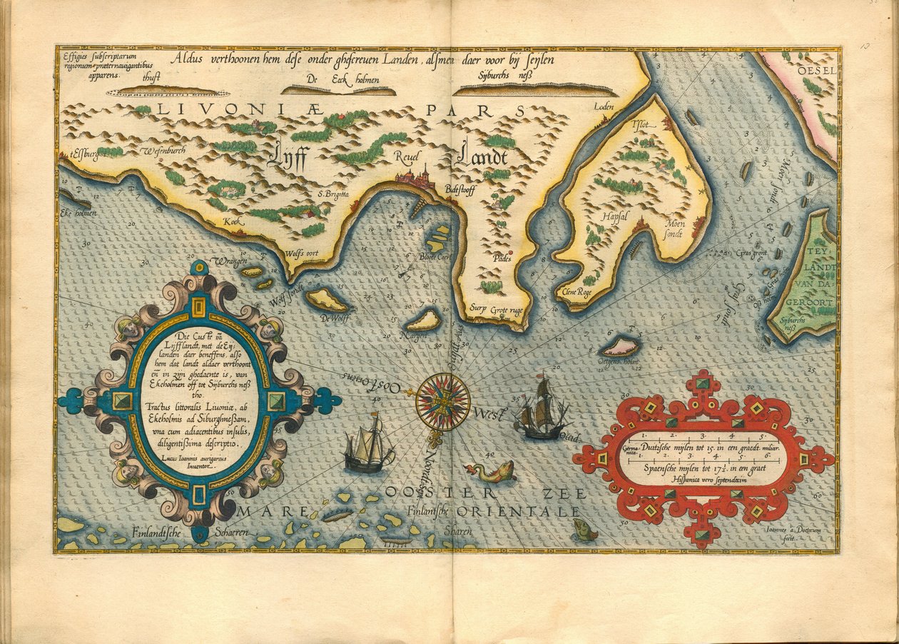 Livonia (Nord de la Lituanie actuelle) - Map of Livonia (Die custe va Lijfflandt met de eijlanden daer beneffens...) - Waghenaer, Lucas Jansz. (1533/34-1606) - 1586 - 铜版画，水彩画 - 私人收藏 作者 卢卡斯·詹森·瓦格纳尔