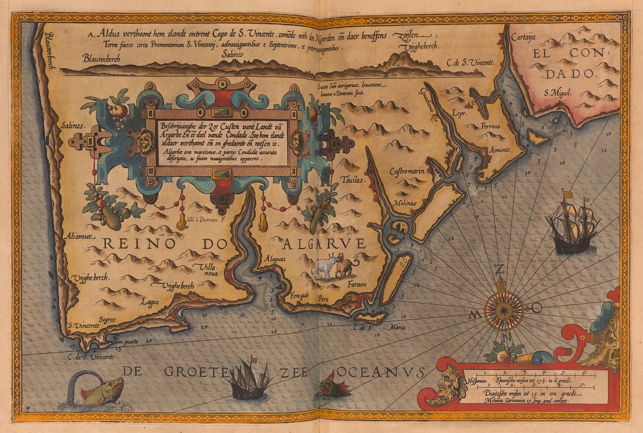 题为 "Speculum nauticum super navigatione maris occidentalis confectu, continens omnes oras maritimas Galliae, Hispaniae, and praecipuarum partium Angliae "的超大地图集，约 1591 年（绘图）。 作者 卢卡斯·詹森·瓦格纳尔