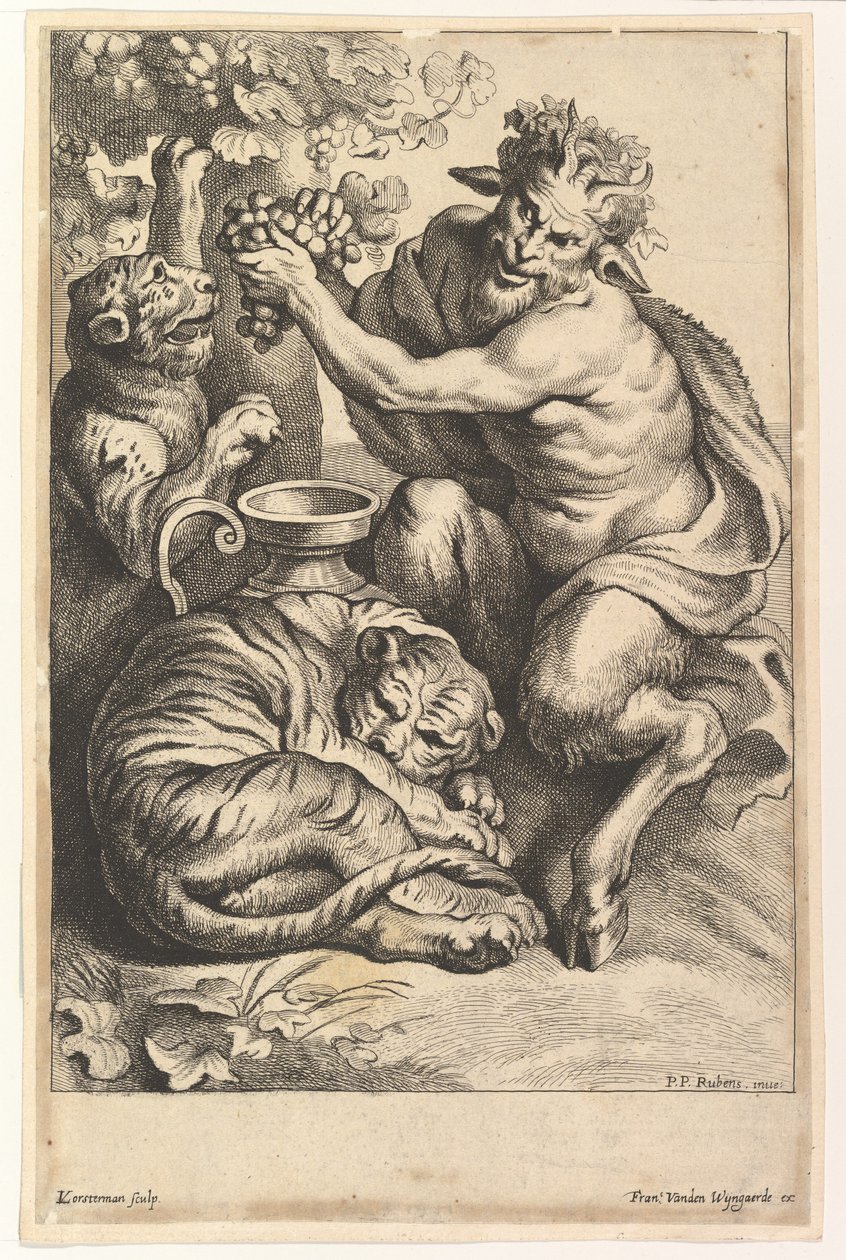 带葡萄和两只老虎的萨特，1614-1679。 作者 卢卡斯·沃斯特曼二世