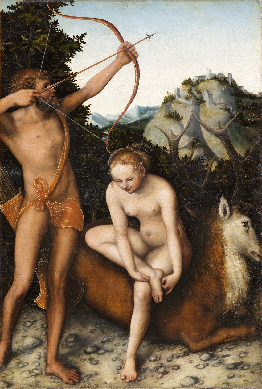 "" Apollon et Diane ""（阿波罗和戴安娜）由老卢卡斯·克拉纳赫 (1472-1553) 绘画，约 1530 年暗淡 45x31 厘米 - 比利时皇家美术博物馆，布鲁塞尔 作者 老卢卡斯·克拉纳赫