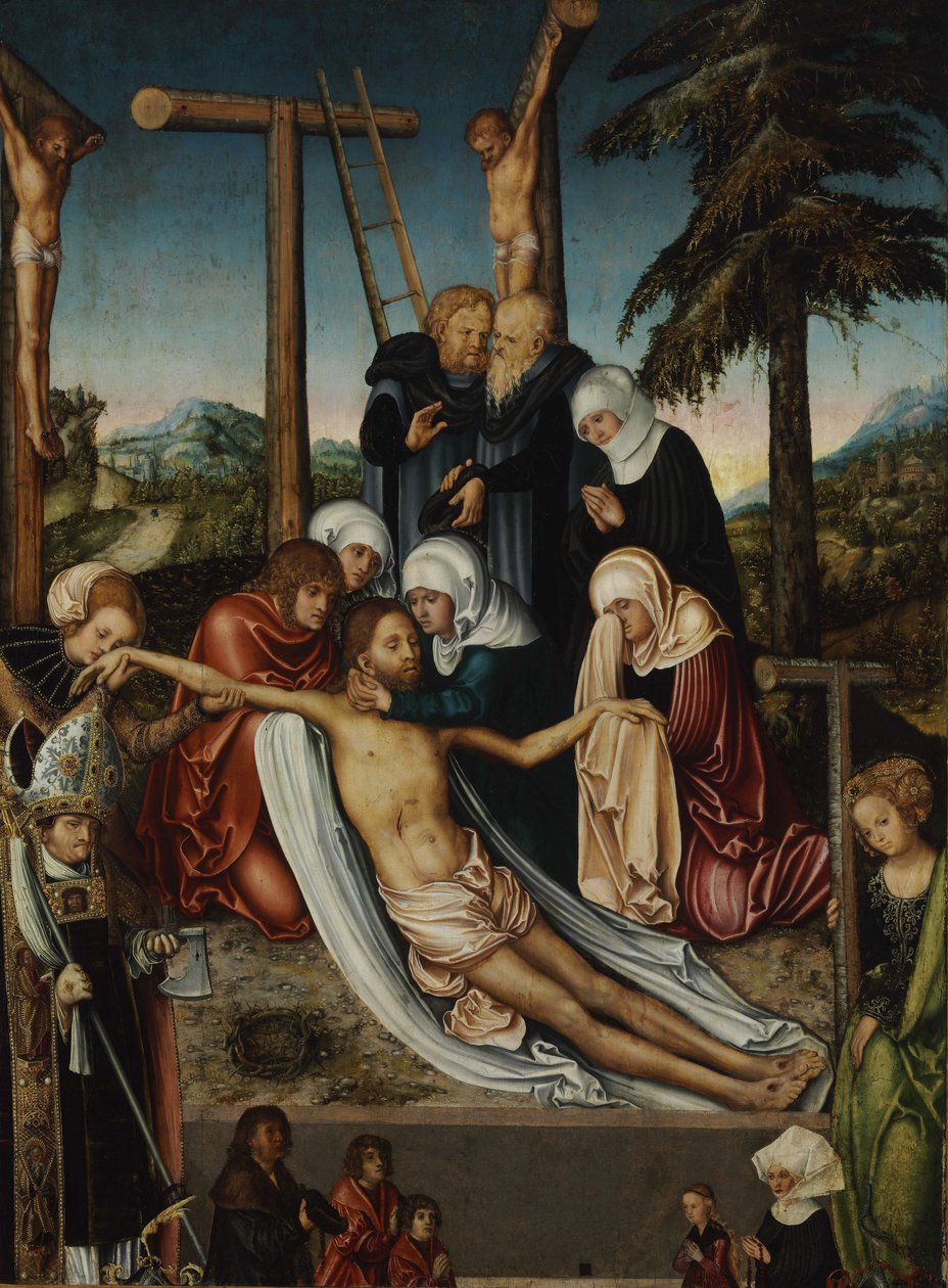 Lamentation du Christ mort avec Saint Wolfgang, Ste Helene - The Lamentation over Christ with Saints Wolfgang and Helena par Lucas Cranach the Elder (1472-1553), c. 1525 - Oil on wood, 47,6x32,3 - Szepmuveszeti Muzeum, Budapest 作者 老卢卡斯·克拉纳赫