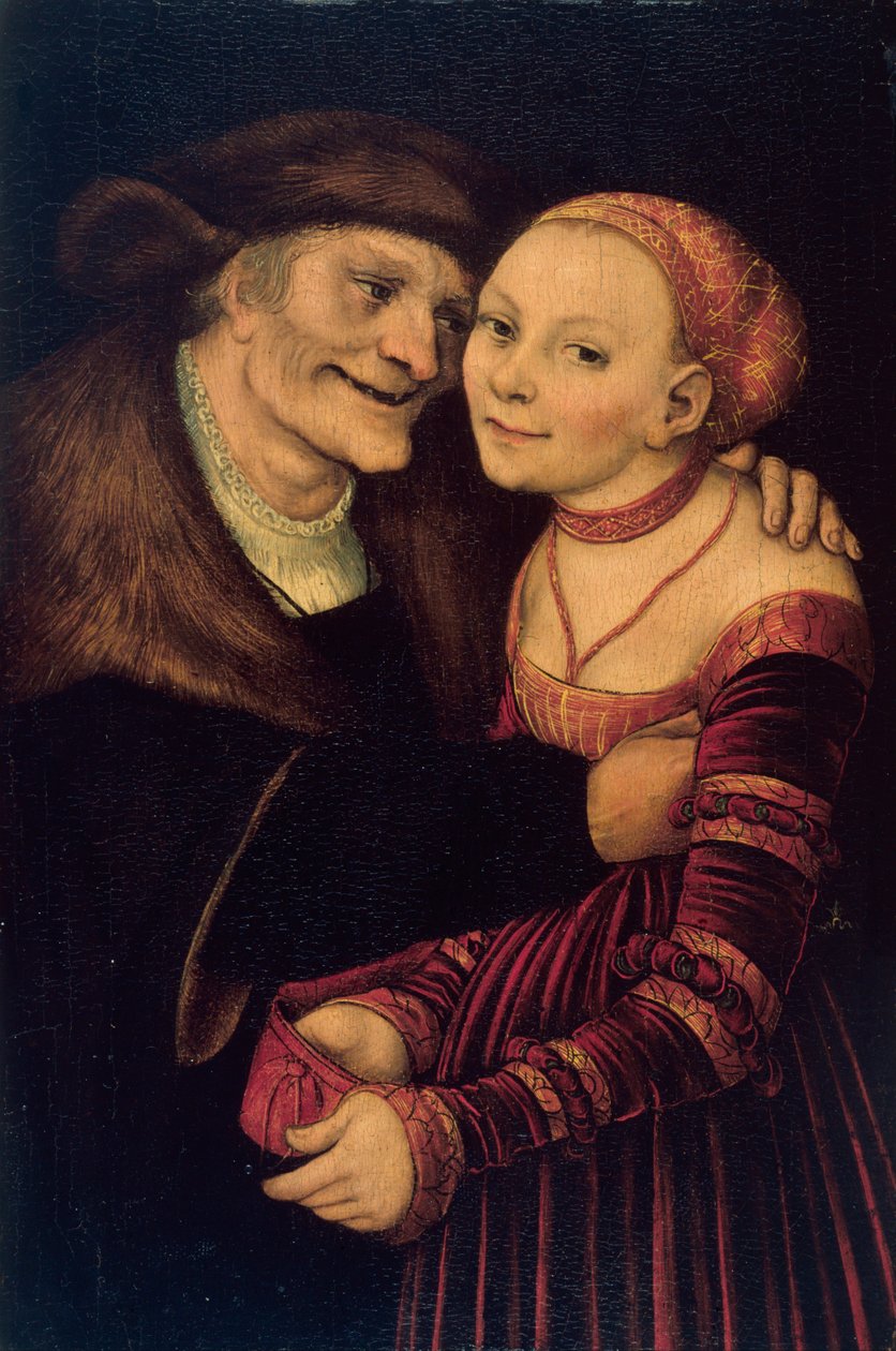 Le couple mal assorti - The Unqual Couple - Cranach, Lucas, the Elder (1472-1553) - 1517 - Mafuta pamitengo - 27,3x18 - Museu Nacional d