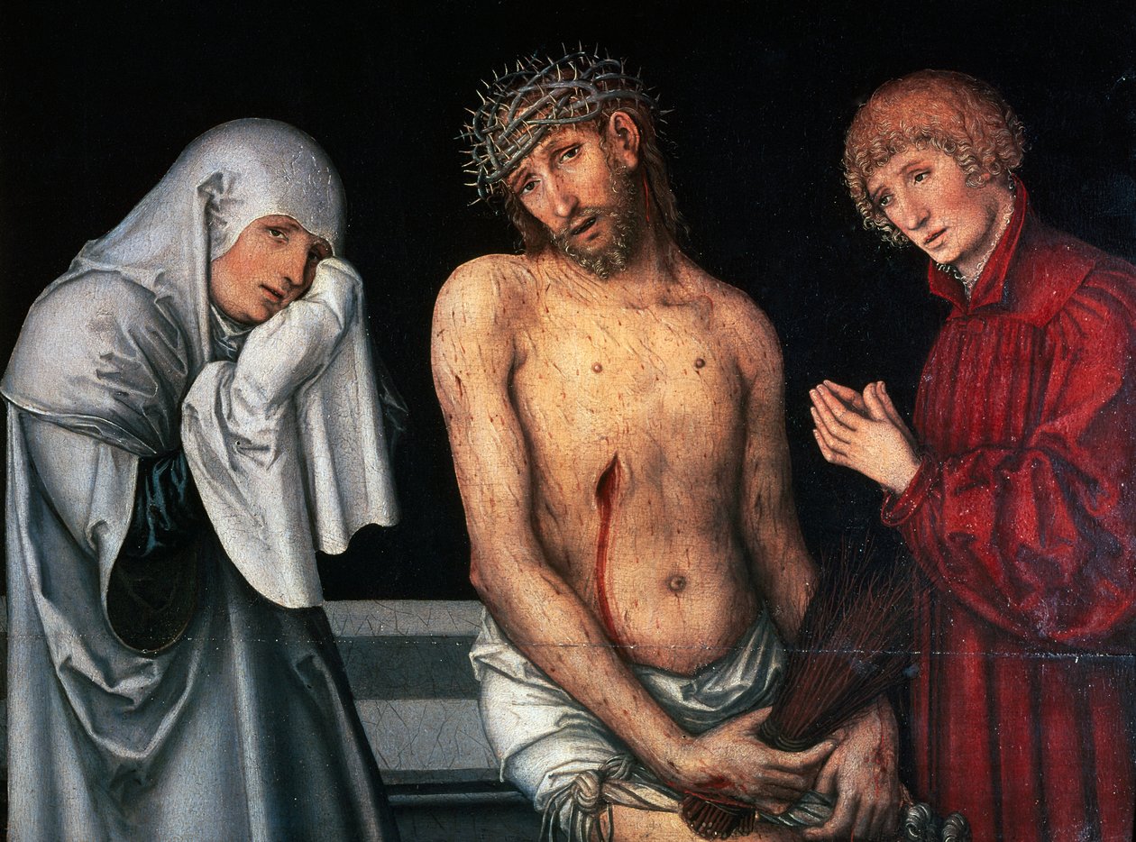 Pieta"，由老卢卡斯-克拉纳赫（1472-1553）创作，面板上的钢笔画。德国 作者 老卢卡斯·克拉纳赫