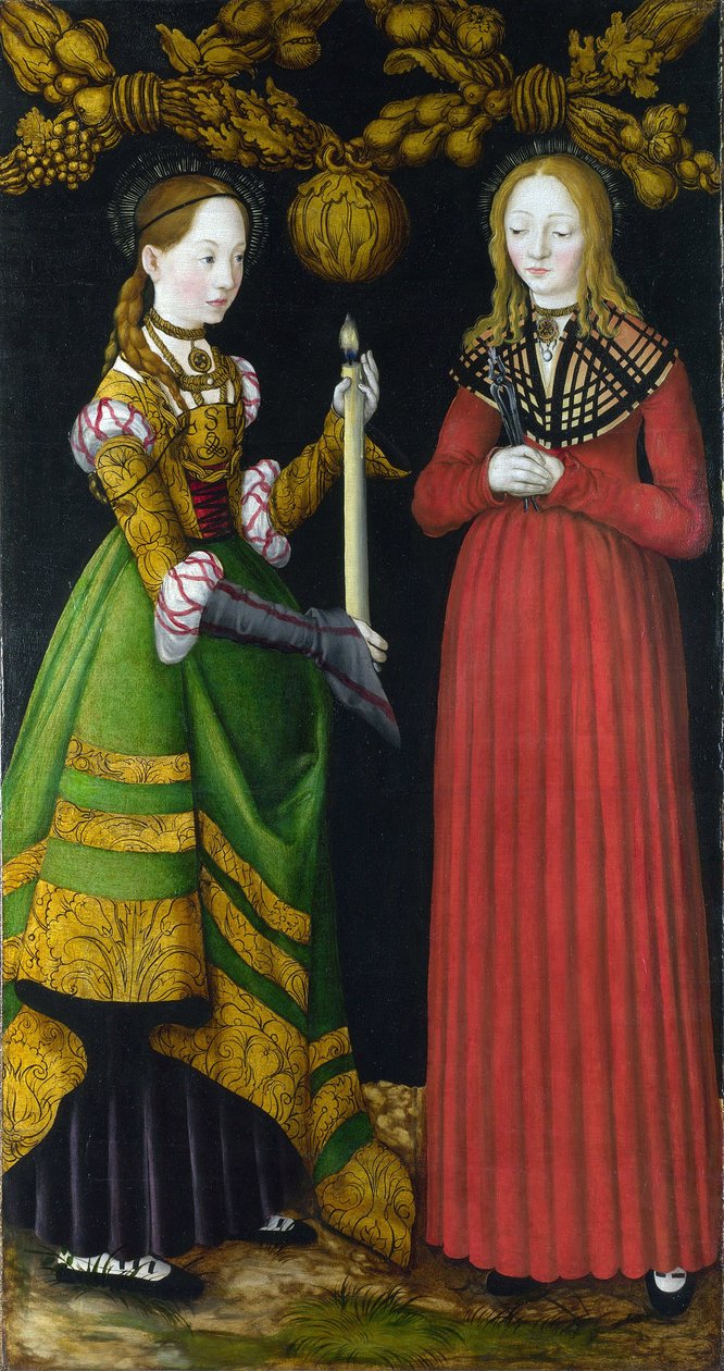 Sainte Genevieve et Sainte Apolline (ou Apollonie)（圣人热纳维耶夫和阿波罗尼亚）。圣热纳维耶芙（423-502 年或 512 年），巴黎市的守护神。亚历山大的圣阿波利娜（或阿波罗尼亚）（卒于 249 年），殉教者，牙医的守护神。画家 作者 老卢卡斯·克拉纳赫