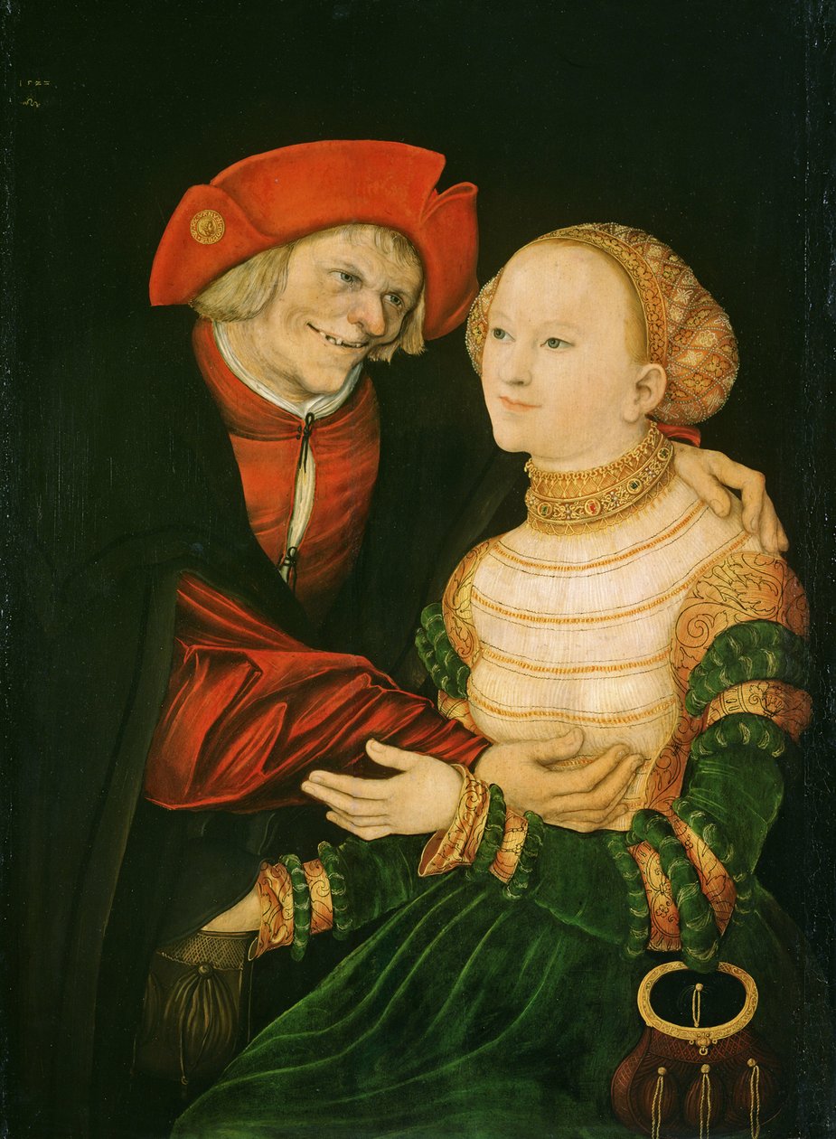 不平等的夫妇 - Peinture de Lucas Cranach the Elder (1472-1553) - 1522 - 木版油 - 84,5x63 - Szepmuveszeti Muzeum，布达佩斯 作者 老卢卡斯·克拉纳赫